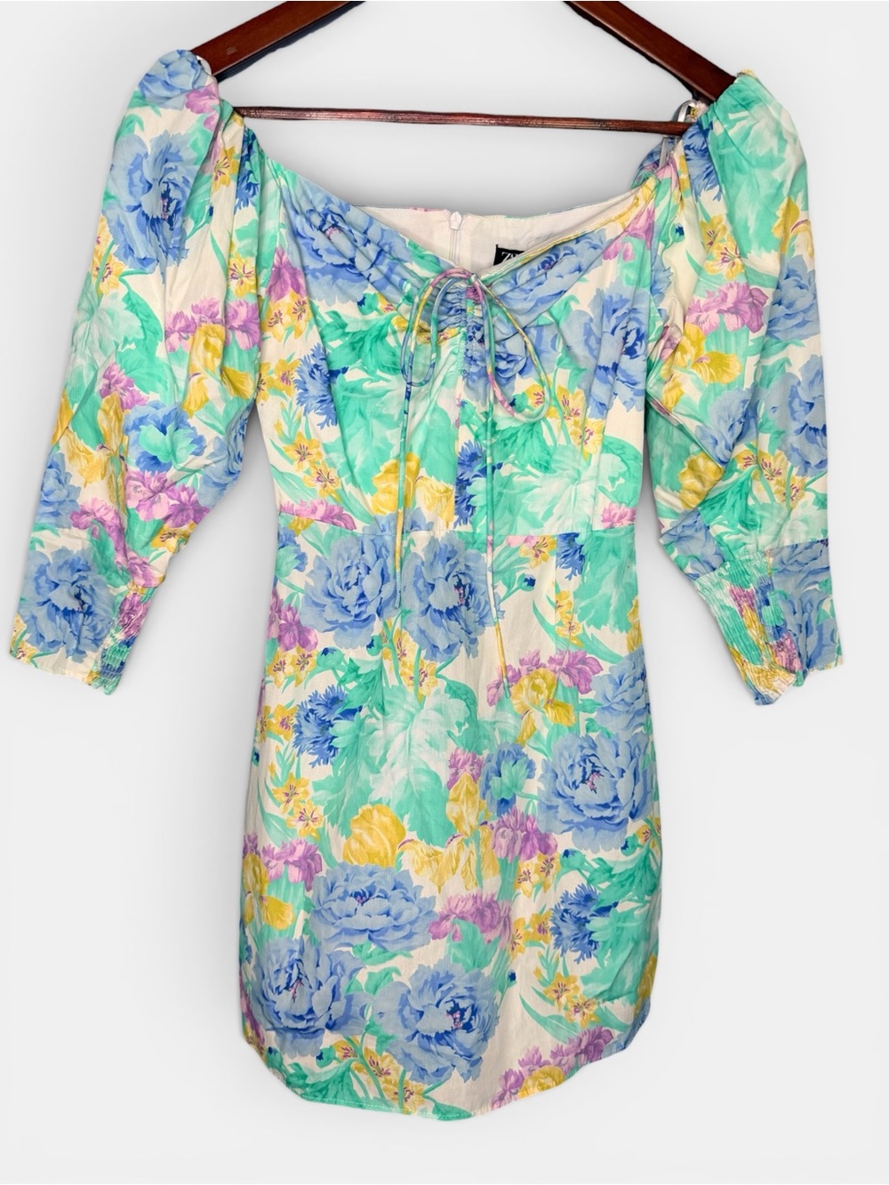 NWT Zara Floral Puff Sleeve Mini Dress Cottagecore Romantic Summer | Size XS